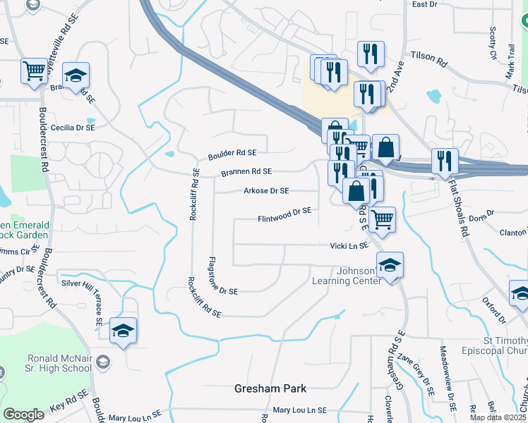 map of restaurants, bars, coffee shops, grocery stores, and more near 1643 Flintwood Drive Southeast in Atlanta