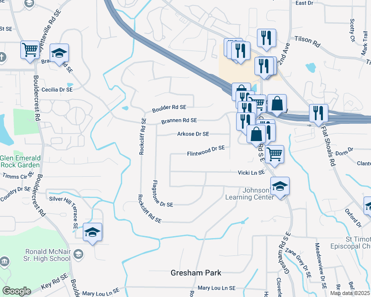 map of restaurants, bars, coffee shops, grocery stores, and more near 1655 Flintwood Drive Southeast in Atlanta