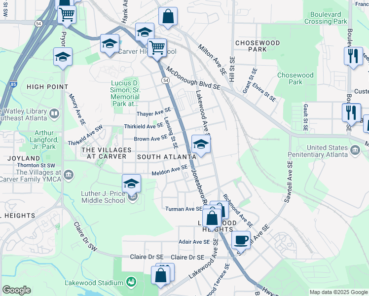 map of restaurants, bars, coffee shops, grocery stores, and more near 1515 Jonesboro Road Southeast in Atlanta