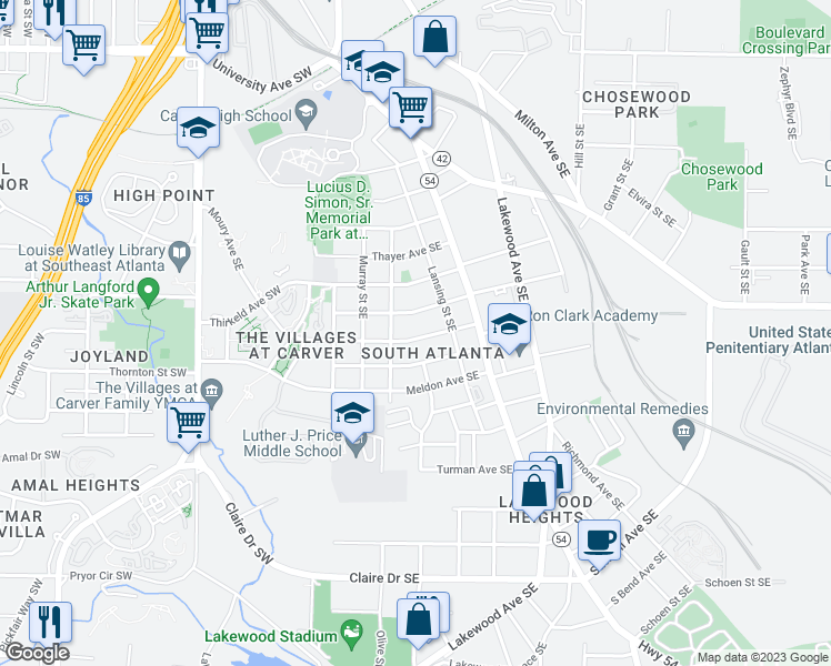map of restaurants, bars, coffee shops, grocery stores, and more near 47 Moury Avenue Southeast in Atlanta