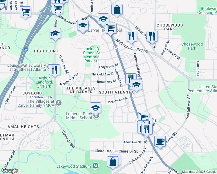 map of restaurants, bars, coffee shops, grocery stores, and more near 57 Moury Avenue Southeast in Atlanta