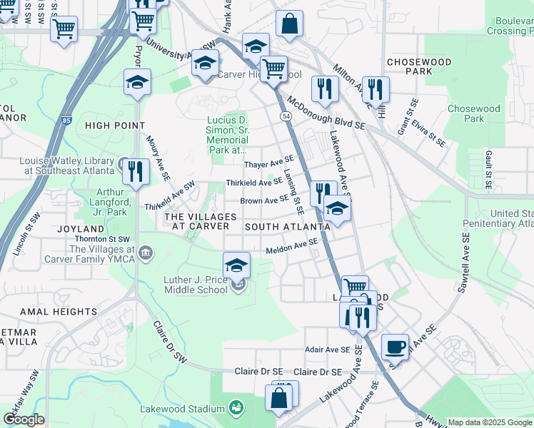 map of restaurants, bars, coffee shops, grocery stores, and more near 62 Moury Avenue Southeast in Atlanta
