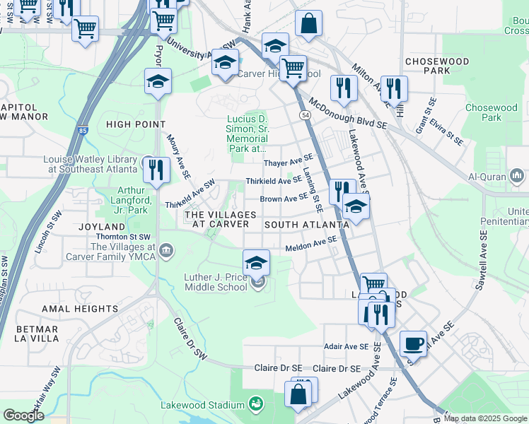 map of restaurants, bars, coffee shops, grocery stores, and more near 82 Moury Avenue Southeast in Atlanta