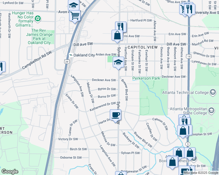 map of restaurants, bars, coffee shops, grocery stores, and more near 968 Byron Drive Southwest in Atlanta