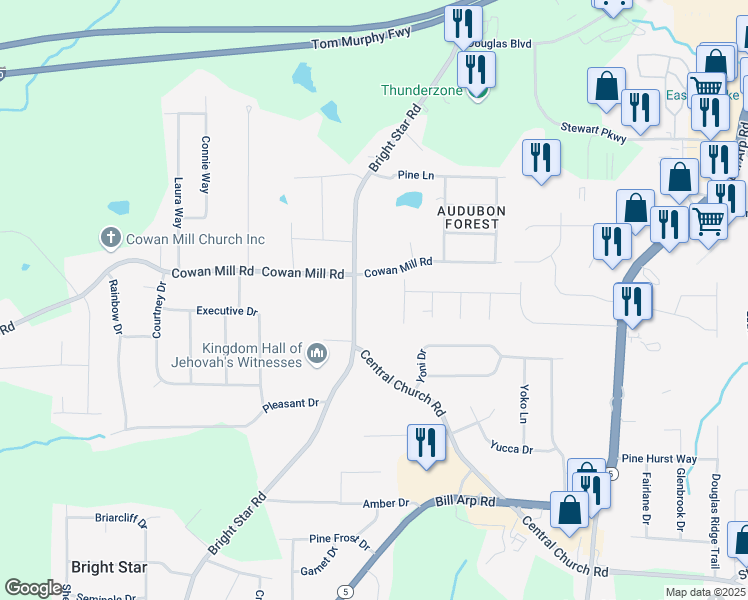 map of restaurants, bars, coffee shops, grocery stores, and more near 3422 Bright Star Road in Douglasville