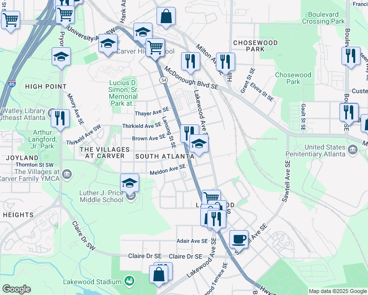 map of restaurants, bars, coffee shops, grocery stores, and more near 1515 Jonesboro Road Southeast in Atlanta