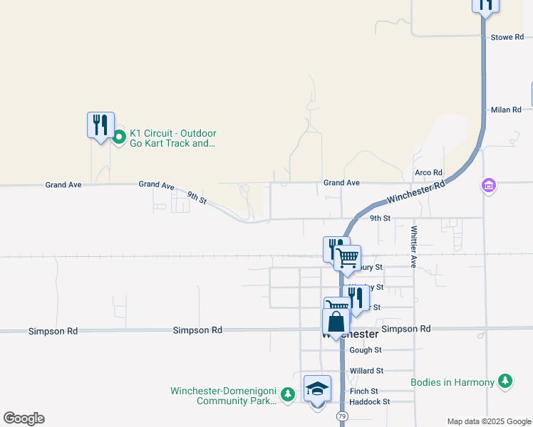 map of restaurants, bars, coffee shops, grocery stores, and more near 32806 9th Street in Winchester