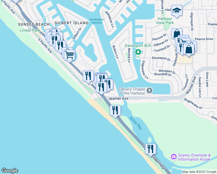 map of restaurants, bars, coffee shops, grocery stores, and more near 17166 Bluewater Lane in Huntington Beach