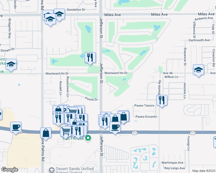 map of restaurants, bars, coffee shops, grocery stores, and more near 80095 Palm Circle Drive in La Quinta