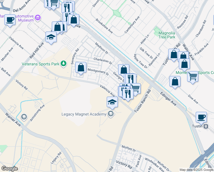 map of restaurants, bars, coffee shops, grocery stores, and more near 15210 Henry Way in Tustin