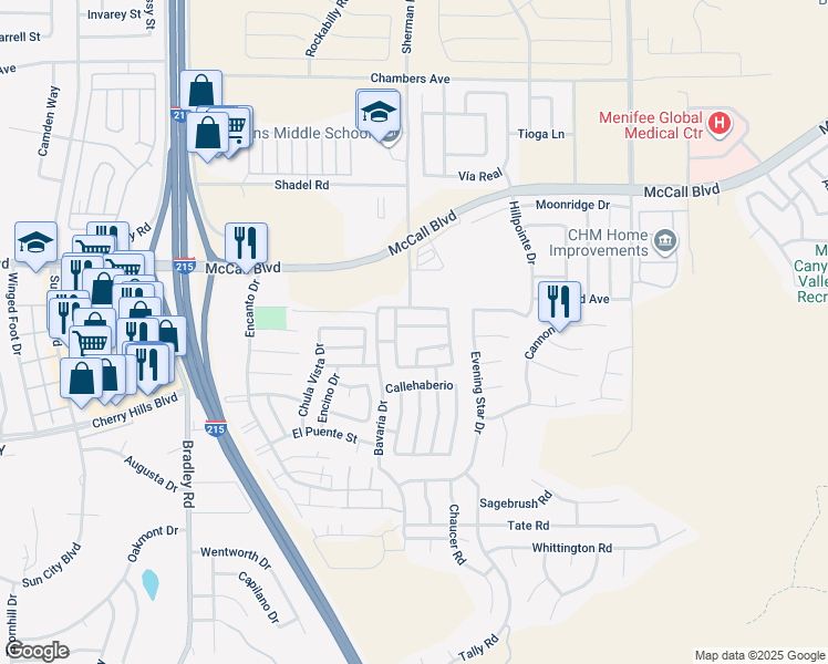 map of restaurants, bars, coffee shops, grocery stores, and more near 27539 Calle Ladera in Menifee