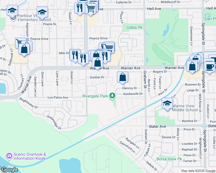 map of restaurants, bars, coffee shops, grocery stores, and more near 17202 Corbina Lane in Huntington Beach