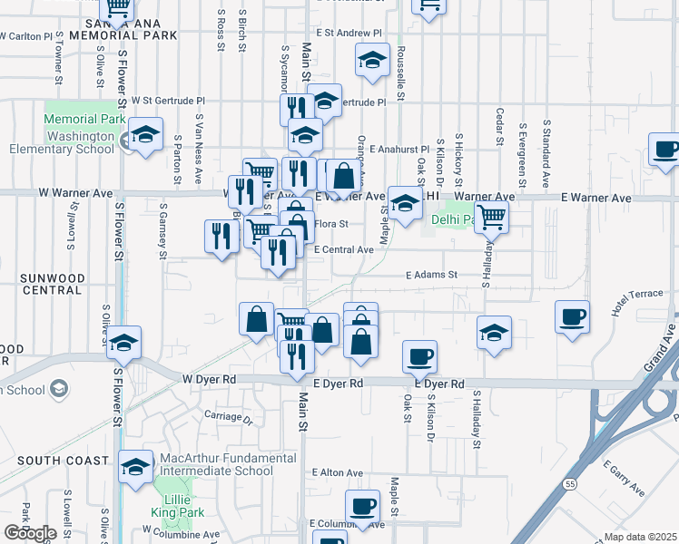 map of restaurants, bars, coffee shops, grocery stores, and more near 205 East Adams Street in Santa Ana
