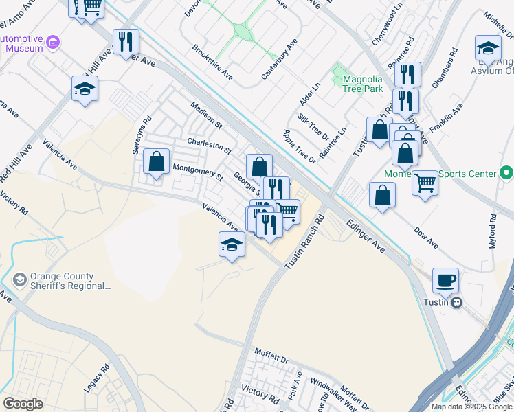 map of restaurants, bars, coffee shops, grocery stores, and more near 15212 Cambridge Street in Tustin