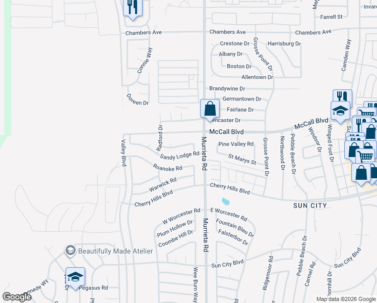 map of restaurants, bars, coffee shops, grocery stores, and more near 25929 Sandy Lodge Road in Menifee