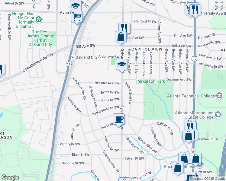 map of restaurants, bars, coffee shops, grocery stores, and more near 968 Byron Drive Southwest in Atlanta