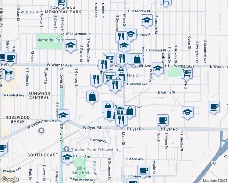 map of restaurants, bars, coffee shops, grocery stores, and more near 200 West Central Avenue in Santa Ana