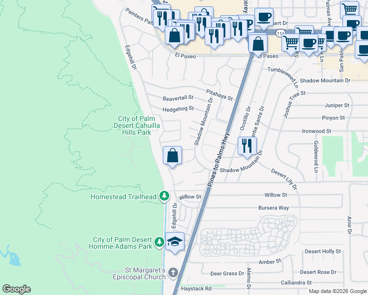 map of restaurants, bars, coffee shops, grocery stores, and more near 72690 Yucca Court in Palm Desert