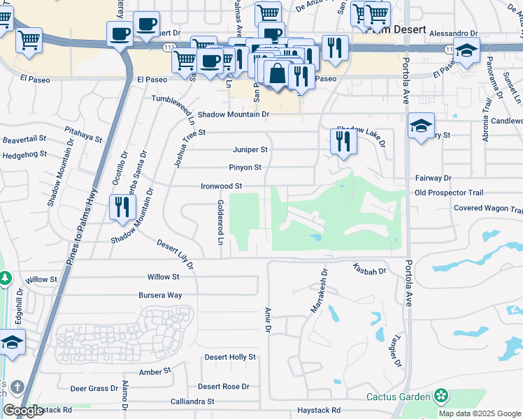 map of restaurants, bars, coffee shops, grocery stores, and more near 46165 Burroweed Lane in Palm Desert