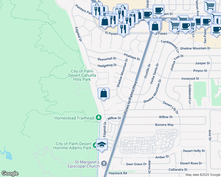 map of restaurants, bars, coffee shops, grocery stores, and more near 72690 Yucca Court in Palm Desert