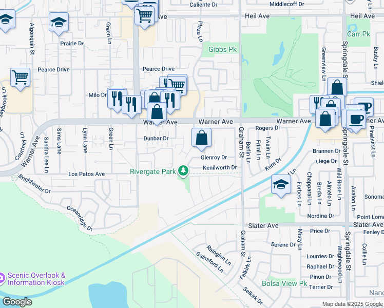 map of restaurants, bars, coffee shops, grocery stores, and more near 5241 Glenroy Drive in Huntington Beach