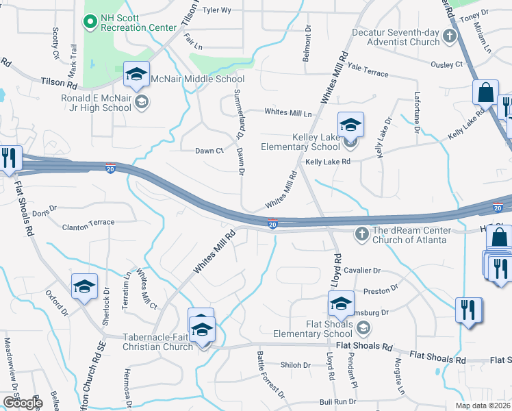 map of restaurants, bars, coffee shops, grocery stores, and more near 2525 Whites Mill Road in Decatur