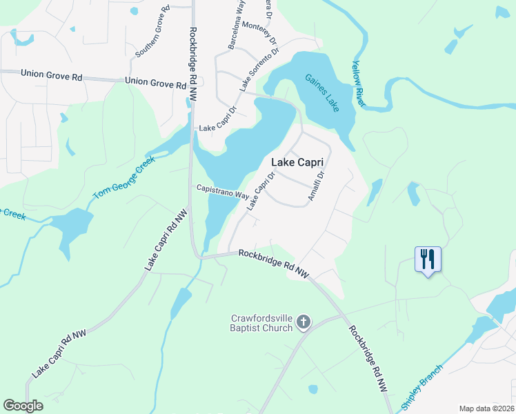 map of restaurants, bars, coffee shops, grocery stores, and more near 2063 Adriatic Drive Northwest in Conyers