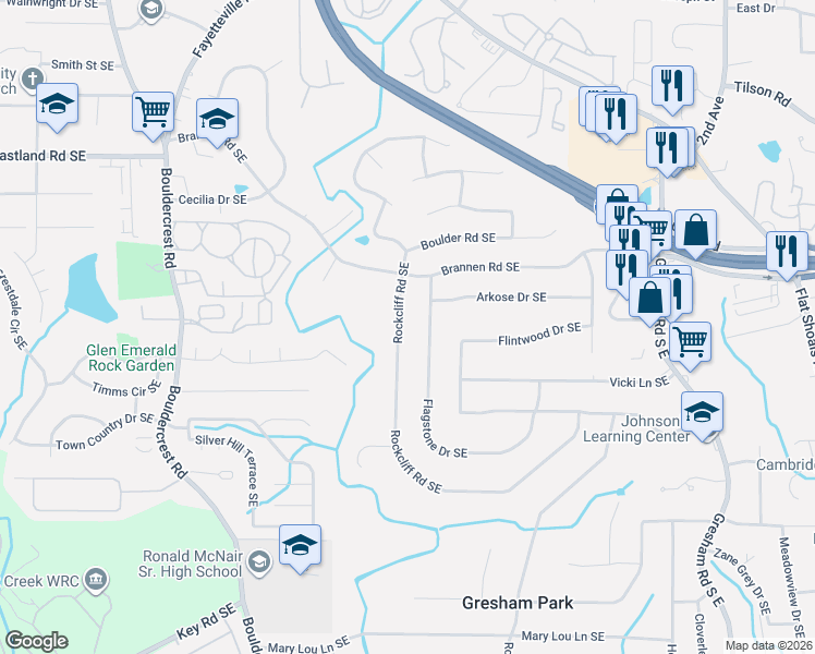map of restaurants, bars, coffee shops, grocery stores, and more near 2603 Rockcliff Road Southeast in Atlanta
