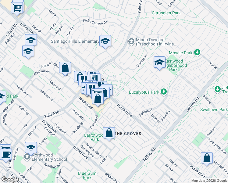 map of restaurants, bars, coffee shops, grocery stores, and more near in Irvine