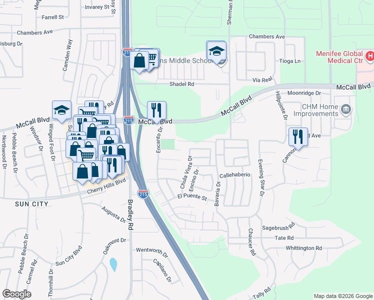 map of restaurants, bars, coffee shops, grocery stores, and more near 28075 Chula Vista Drive in Menifee