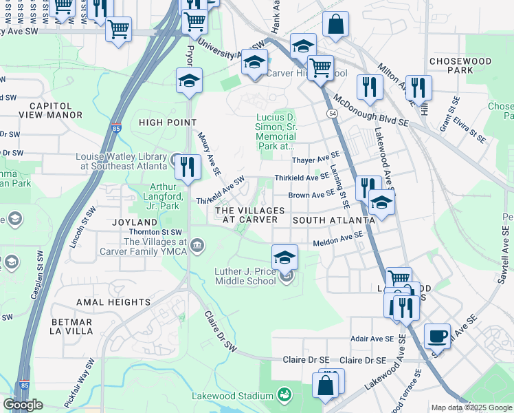 map of restaurants, bars, coffee shops, grocery stores, and more near 157 Moury Avenue Southeast in Atlanta