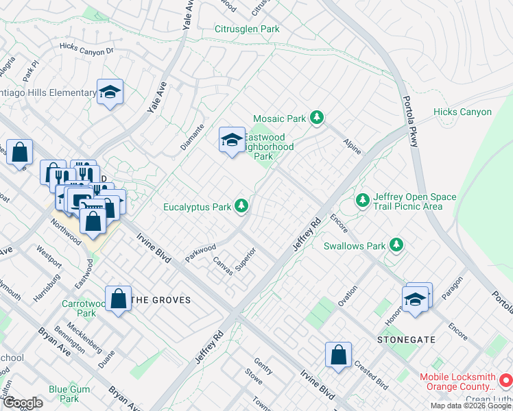 map of restaurants, bars, coffee shops, grocery stores, and more near 74 Parkwood in Irvine