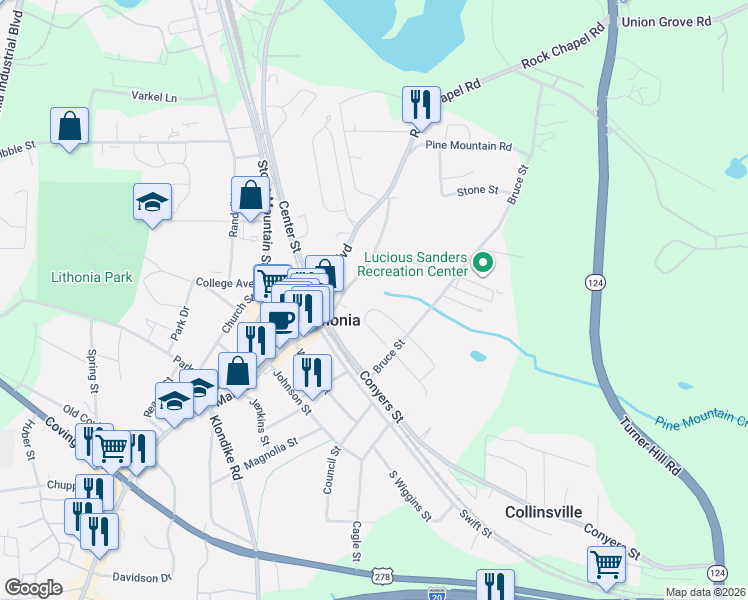 map of restaurants, bars, coffee shops, grocery stores, and more near 6991 Bruce Circle in Lithonia