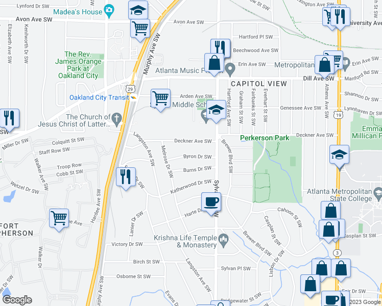 map of restaurants, bars, coffee shops, grocery stores, and more near 975 Byron Drive Southwest in Atlanta