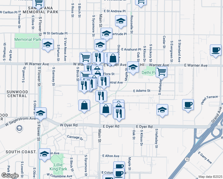 map of restaurants, bars, coffee shops, grocery stores, and more near 205 East Adams Street in Santa Ana