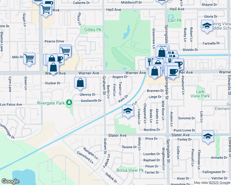 map of restaurants, bars, coffee shops, grocery stores, and more near 17152 Friml Lane in Huntington Beach