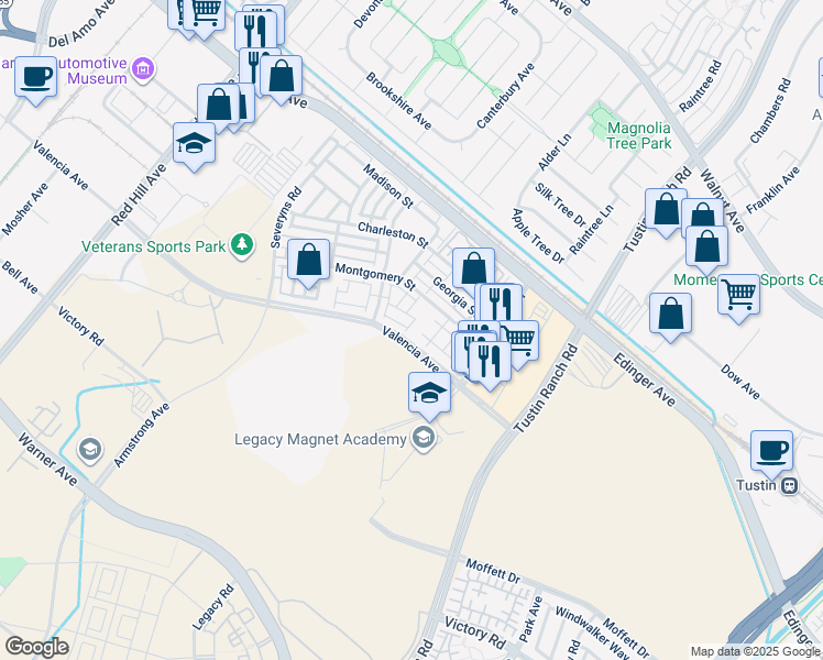 map of restaurants, bars, coffee shops, grocery stores, and more near 15212 Henry Way in Tustin