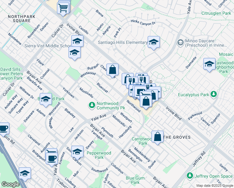 map of restaurants, bars, coffee shops, grocery stores, and more near 8 Darwin in Irvine