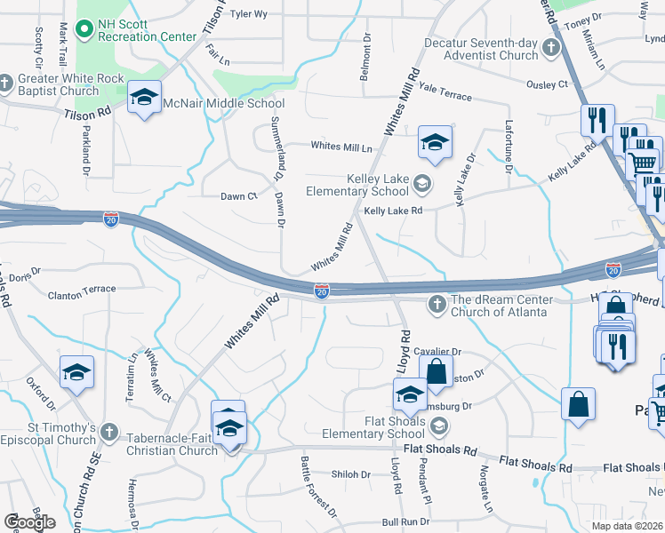map of restaurants, bars, coffee shops, grocery stores, and more near 2510 Whites Mill Road in Decatur