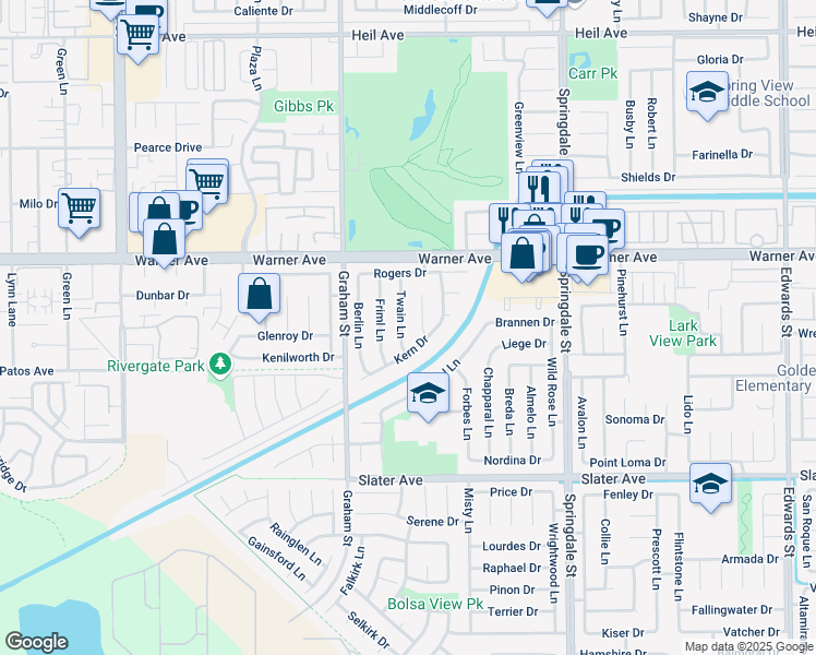 map of restaurants, bars, coffee shops, grocery stores, and more near 17181 Twain Lane in Huntington Beach