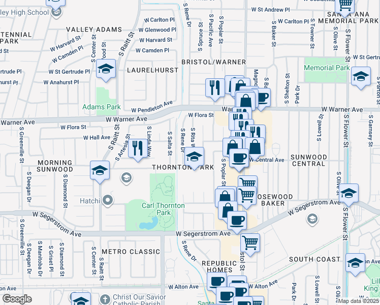 map of restaurants, bars, coffee shops, grocery stores, and more near 2514 South Rita Way in Santa Ana