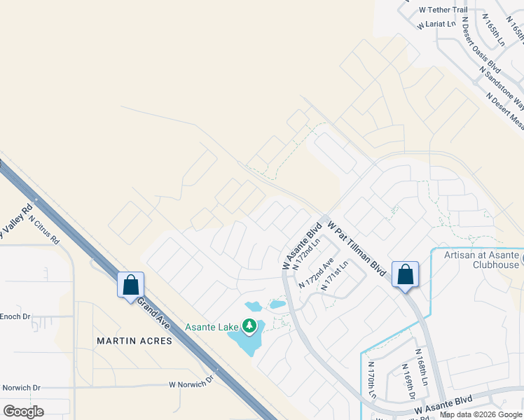 map of restaurants, bars, coffee shops, grocery stores, and more near North Pat Tillman Boulevard in Surprise