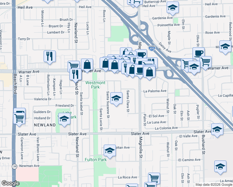 map of restaurants, bars, coffee shops, grocery stores, and more near 17186 Santa Catherine Street in Fountain Valley