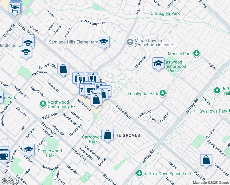 map of restaurants, bars, coffee shops, grocery stores, and more near 85 Streamwood in Irvine