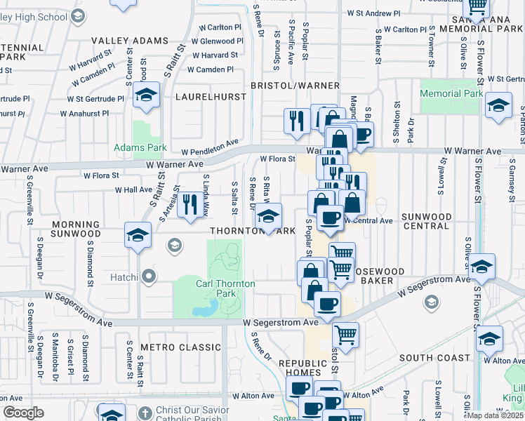 map of restaurants, bars, coffee shops, grocery stores, and more near 2514 South Rita Way in Santa Ana