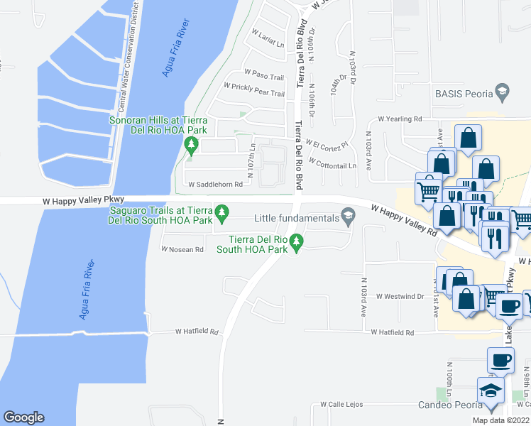 map of restaurants, bars, coffee shops, grocery stores, and more near 10748 West Bronco Trail in Peoria
