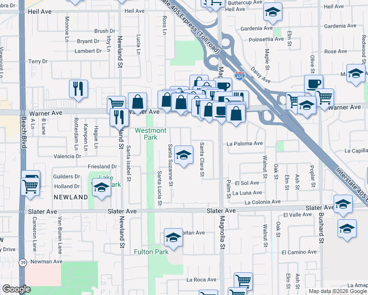 map of restaurants, bars, coffee shops, grocery stores, and more near 17186 Santa Catherine Street in Fountain Valley