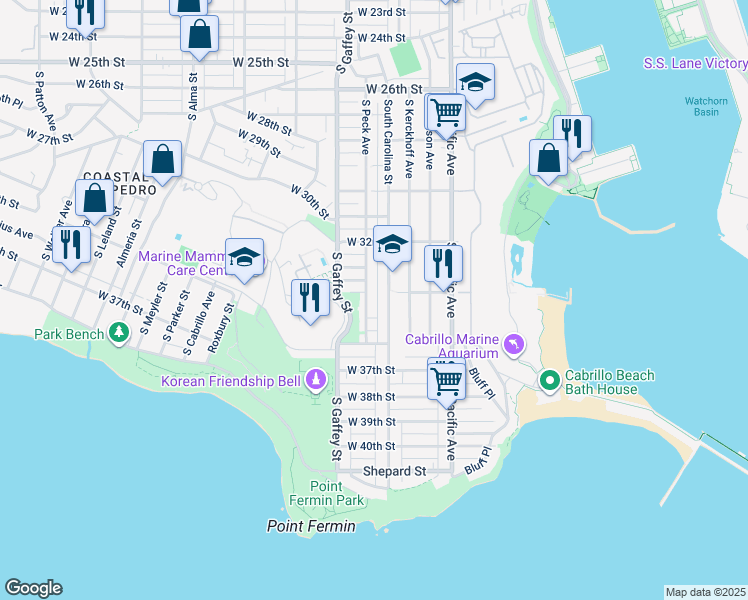 map of restaurants, bars, coffee shops, grocery stores, and more near 665 West 34th Street in Los Angeles