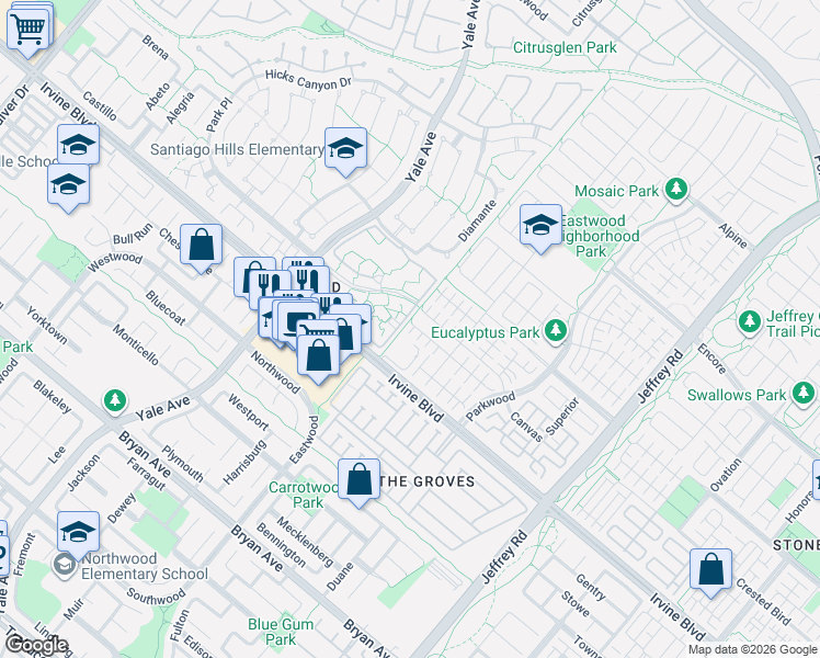 map of restaurants, bars, coffee shops, grocery stores, and more near 102 Hargrove in Irvine
