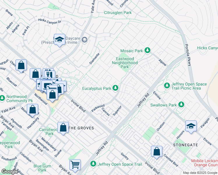 map of restaurants, bars, coffee shops, grocery stores, and more near 124 Alumroot in Irvine
